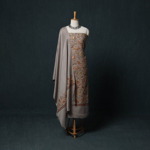 Brown - 3pc Heavy Embroidered Wool Unstitched Dress Material Suit Set 53