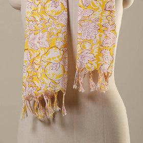 Yellow Block Print Cotton Sanganeri Stole with Tassels