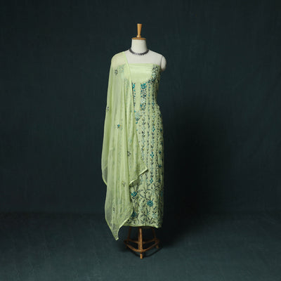 Green - Hand Embroidered Muslin 3pc Unstitched Dress Material 12