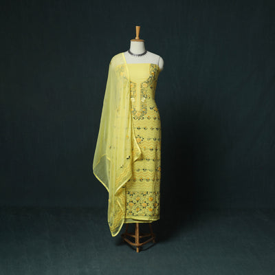Yellow - Hand Embroidered Georgette 3pc Unstitched Dress Material 14