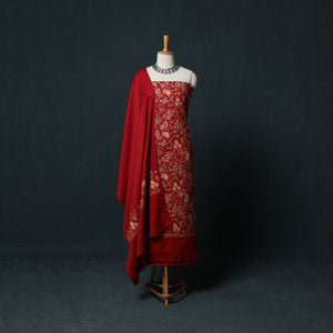 Red - 3pc Heavy Embroidered Wool Unstitched Dress Material Suit Set 54