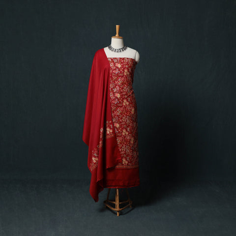 Red - 3pc Heavy Embroidered Wool Unstitched Dress Material Suit Set 54