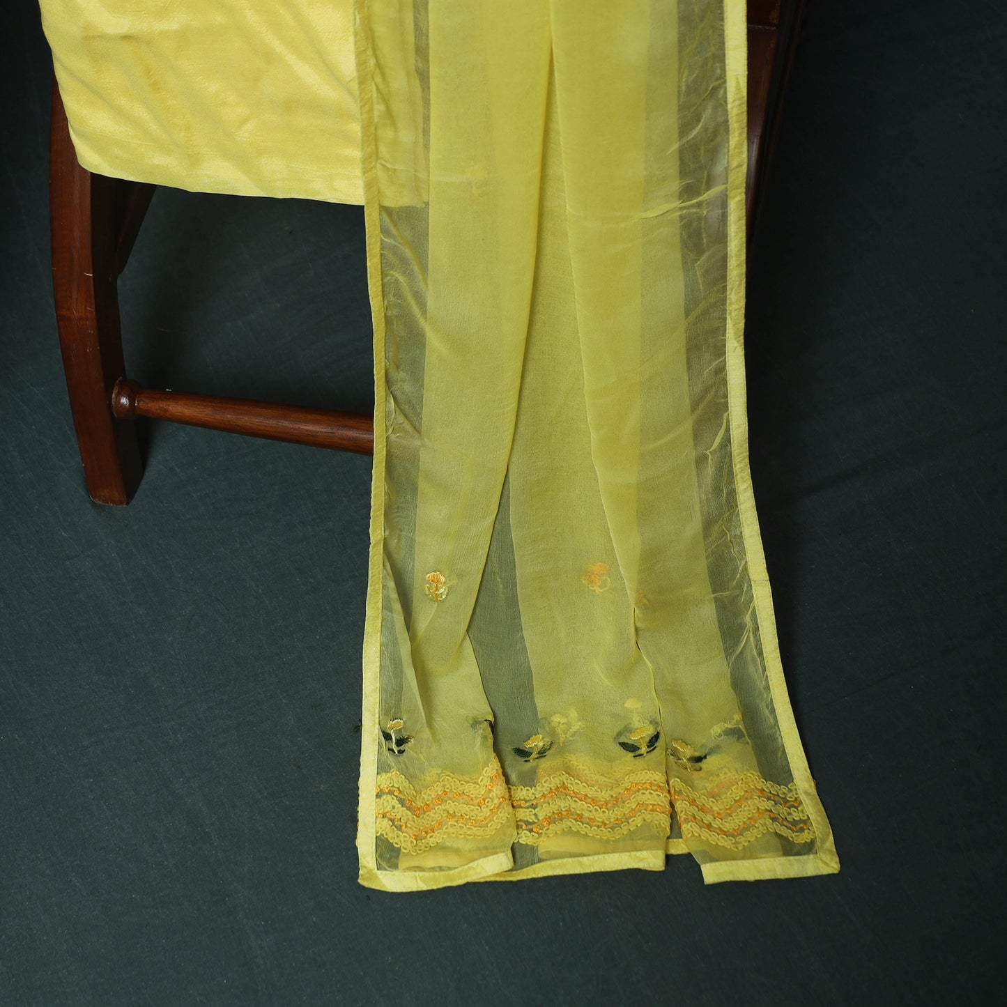 Yellow - Hand Embroidered Georgette 3pc Unstitched Dress Material 14
