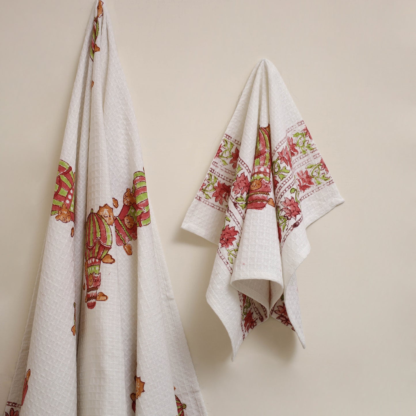 White - waffle weave cotton handwoven sanganeri towel (set