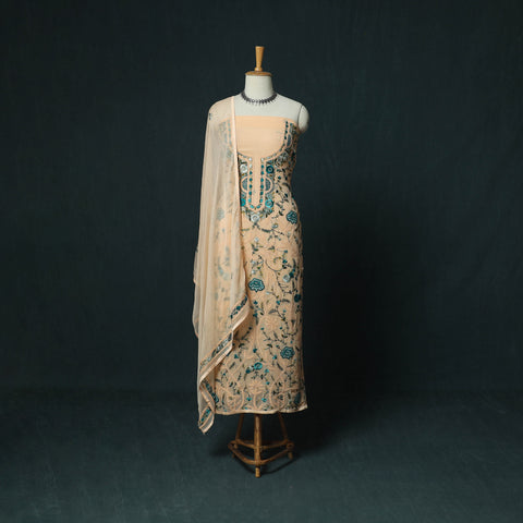 Beige - Hand Embroidered Georgette 3pc Unstitched Dress Material 16