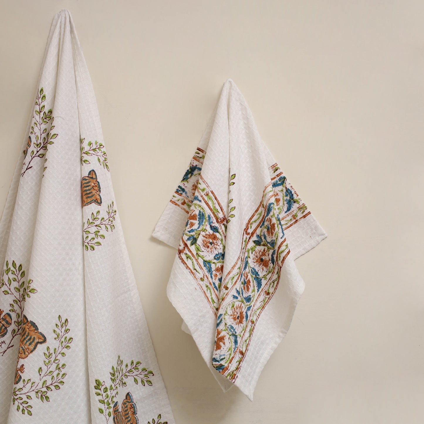 White - waffle weave cotton handwoven sanganeri towel (set