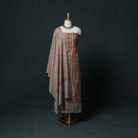 Brown - 3pc Heavy Chain Stitch Embroidered Wool Unstitched Dress Material Suit Set 59