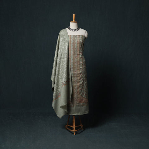 Grey - 3pc Heavy Chain Stitch Embroidered Wool Unstitched Dress Material Suit Set 60