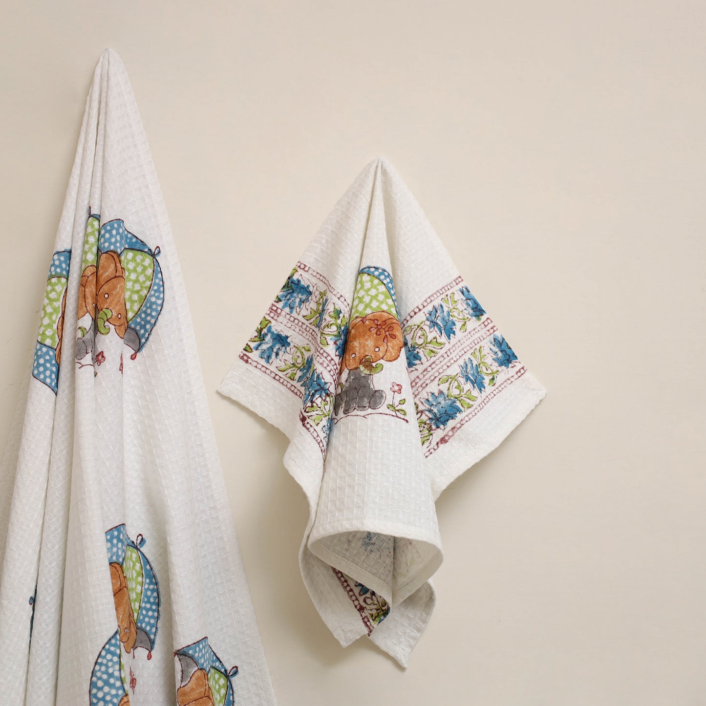 White - waffle weave cotton handwoven sanganeri towel (set