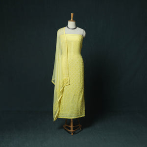Yellow - Hand Embroidered Muslin 3pc Unstitched Dress Material 19