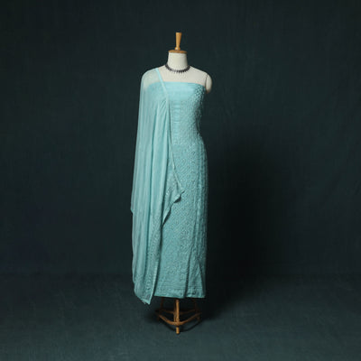 Blue - Hand Embroidered Muslin 3pc Unstitched Dress Material 21
