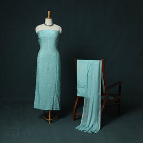 Blue - Hand Embroidered Muslin 3pc Unstitched Dress Material 21
