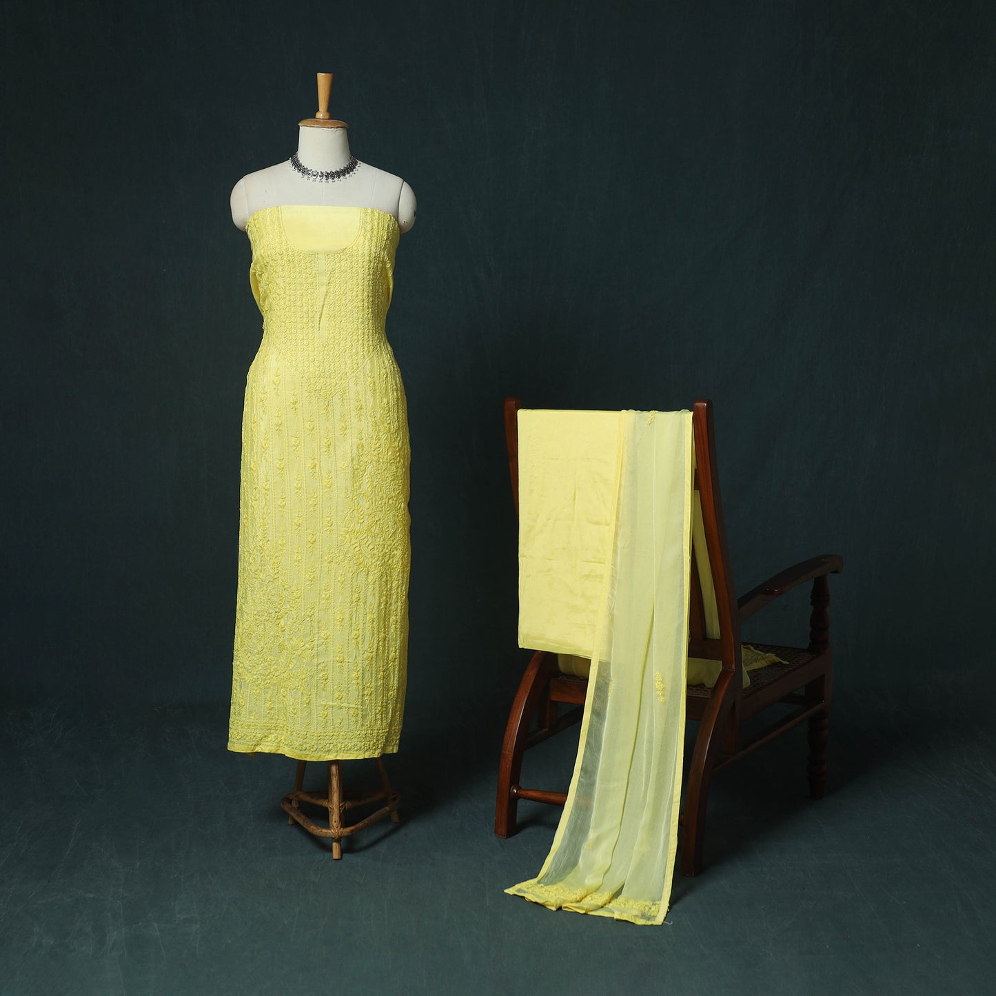 Yellow - Hand Embroidered Muslin 3pc Unstitched Dress Material 24