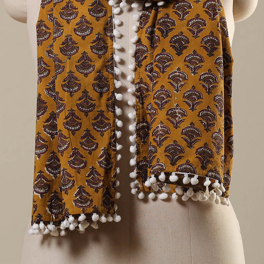 Yellow Block Print Cotton Sanganeri Stole with Pom Pom