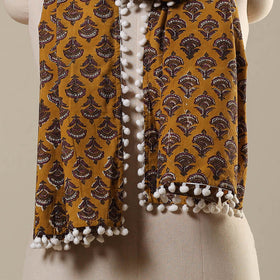 Yellow Block Print Cotton Sanganeri Stole with Pom Pom
