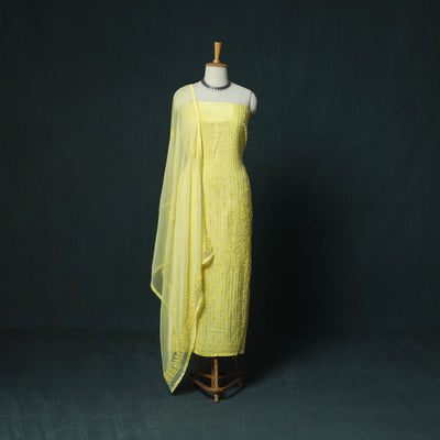 Yellow - Hand Embroidered Muslin 3pc Unstitched Dress Material 24