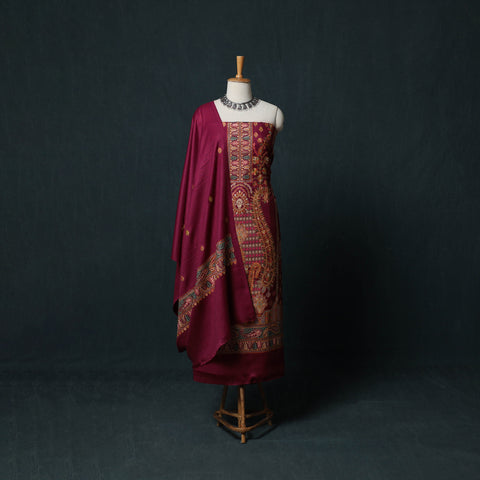 Maroon - 3pc Heavy Chain Stitch Embroidered Wool Unstitched Dress Material Suit Set 68
