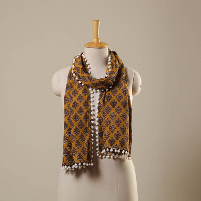 Yellow Block Print Cotton Sanganeri Stole with Pom Pom