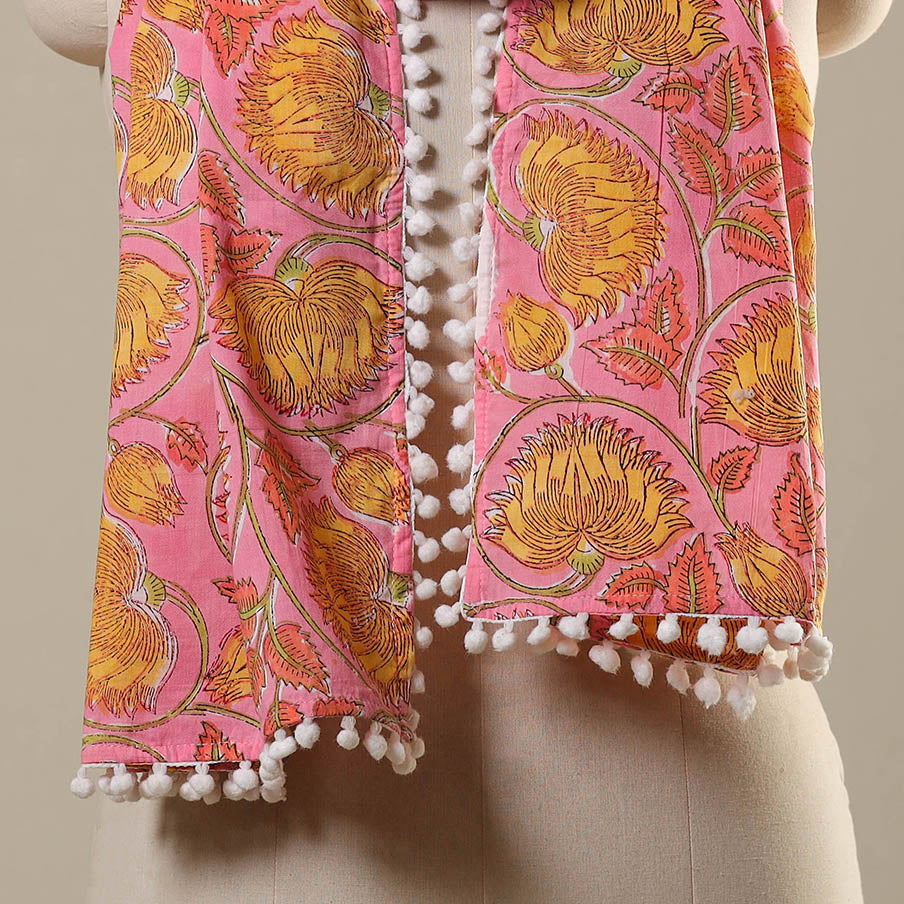 Pink Block Print Cotton Sanganeri Stole with Pom Pom