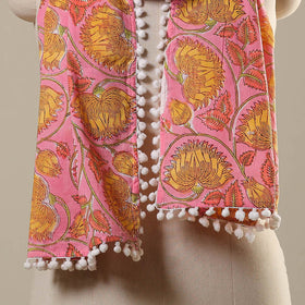 Pink Block Print Cotton Sanganeri Stole with Pom Pom