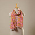 Pink Block Print Cotton Sanganeri Stole with Pom Pom