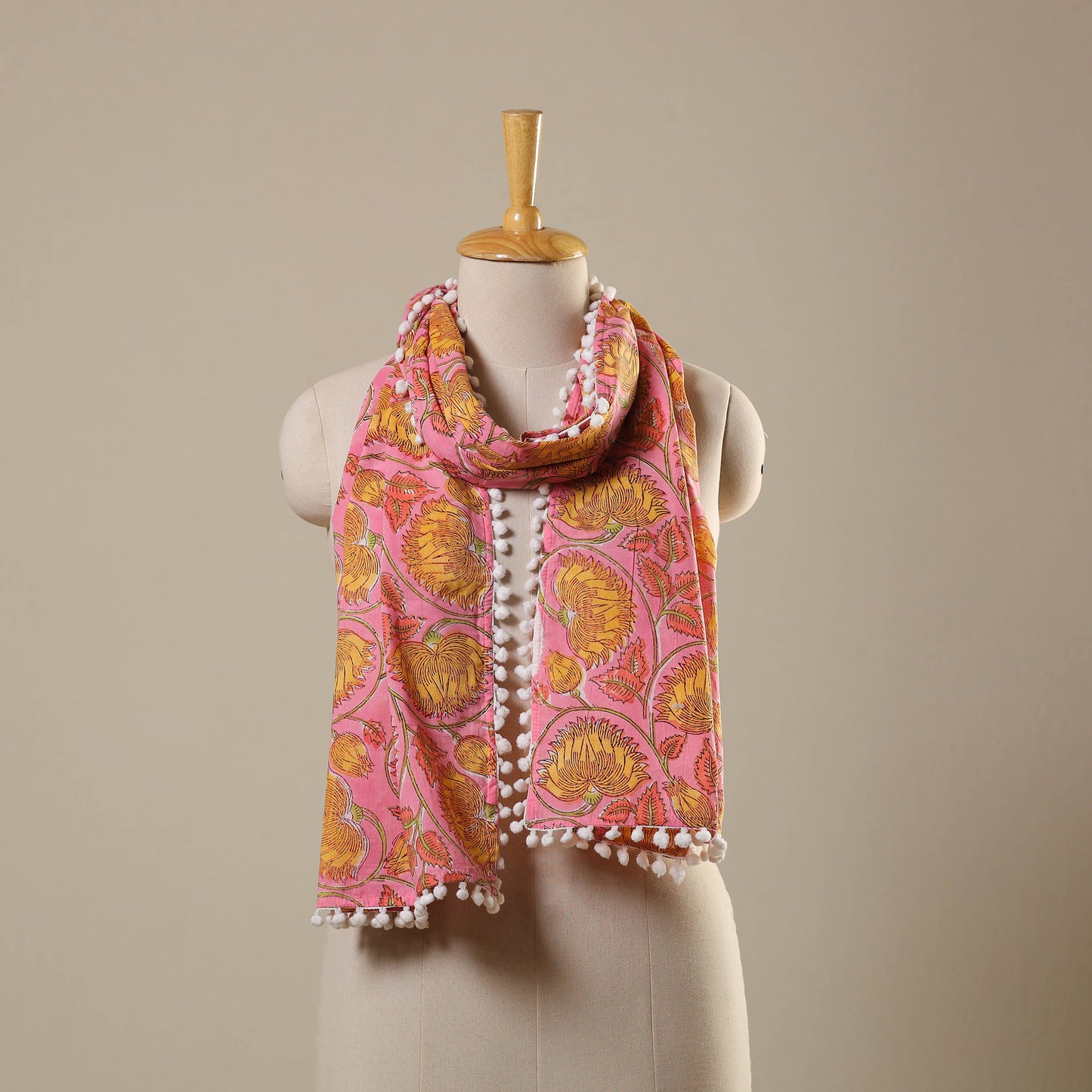 Pink Block Print Cotton Sanganeri Stole with Pom Pom