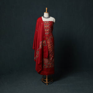 Red - 3pc Heavy Chain Stitch Embroidered Wool Unstitched Dress Material Suit Set 69