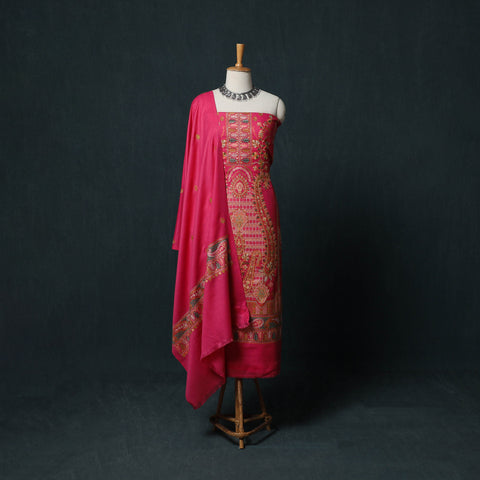 Pink - 3pc Heavy Chain Stitch Embroidered Wool Unstitched Dress Material Suit Set 70