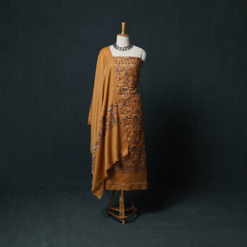 Yellow - 3pc Heavy Embroidered Wool Unstitched Dress Material Suit Set 73