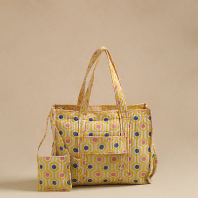 Yellow - Sanganeri Print Quilted Cotton Tote Bag 09