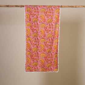 Pink Block Print Cotton Sanganeri Stole with Pom Pom