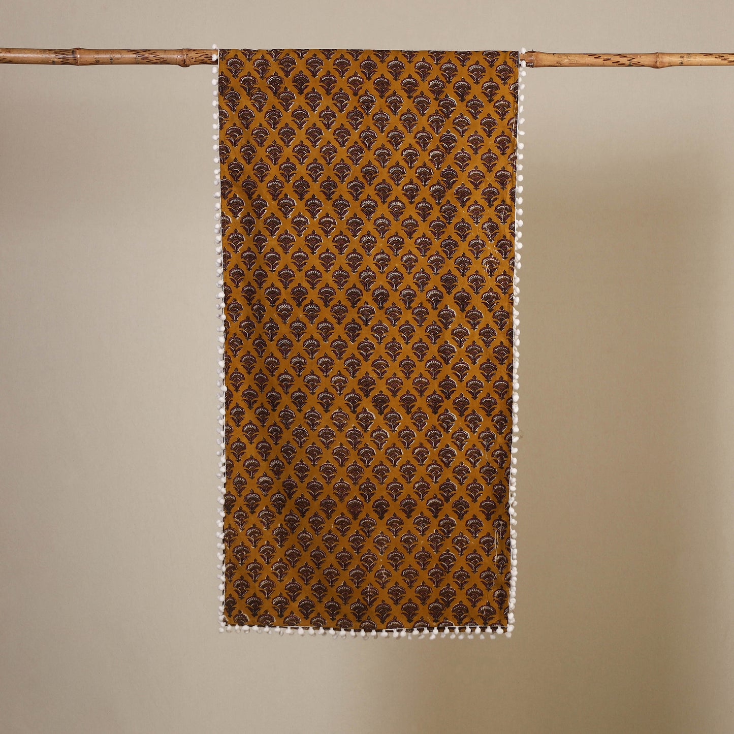 Yellow Block Print Cotton Sanganeri Stole with Pom Pom
