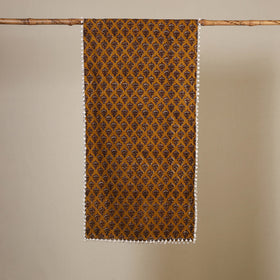 Yellow Block Print Cotton Sanganeri Stole with Pom Pom