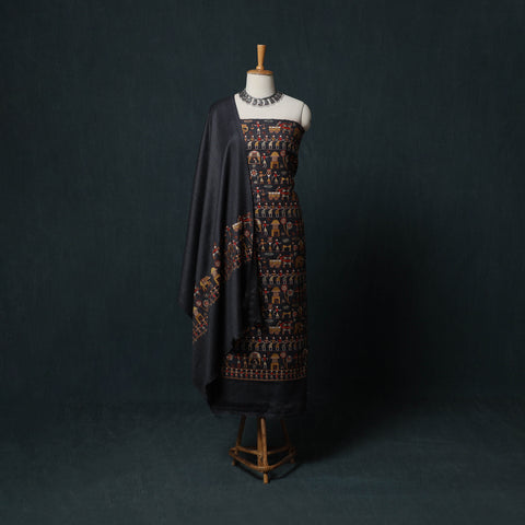 Black - 3pc Heavy Embroidered Wool Unstitched Dress Material Suit Set 75