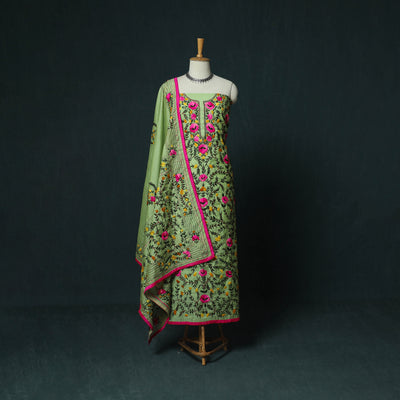 Green - Hand Embroidered Chanderi Silk 3pc Unstitched Dress Material 32