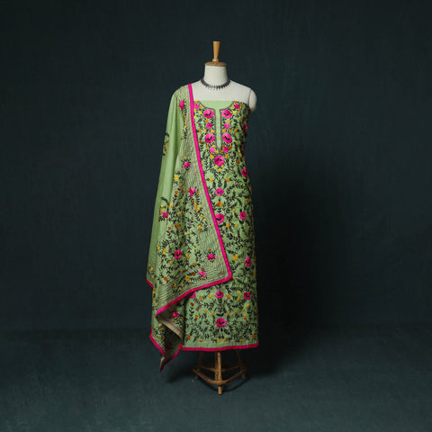 Green - Hand Embroidered Chanderi Silk 3pc Unstitched Dress Material 32