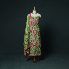 Green - Hand Embroidered Chanderi Silk 3pc Unstitched Dress Material 32