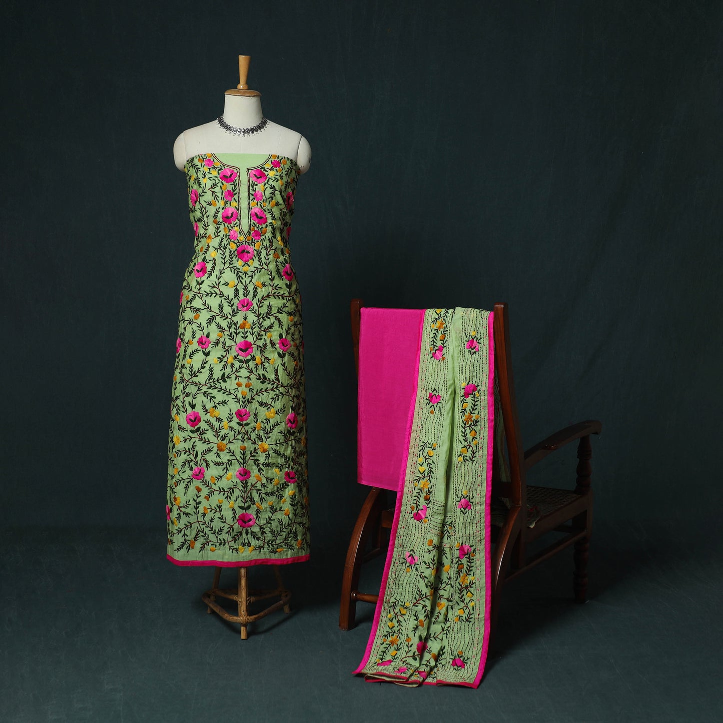 Green - Hand Embroidered Chanderi Silk 3pc Unstitched Dress Material 32