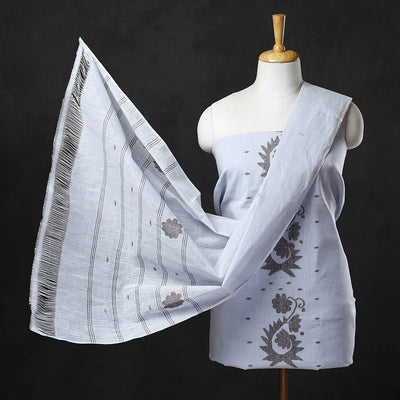 White - 3pc Handloom Cotton Manipuri Dress Material 01