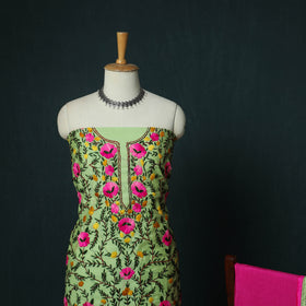 Green - Hand Embroidered Chanderi Silk 3pc Unstitched Dress Material 32