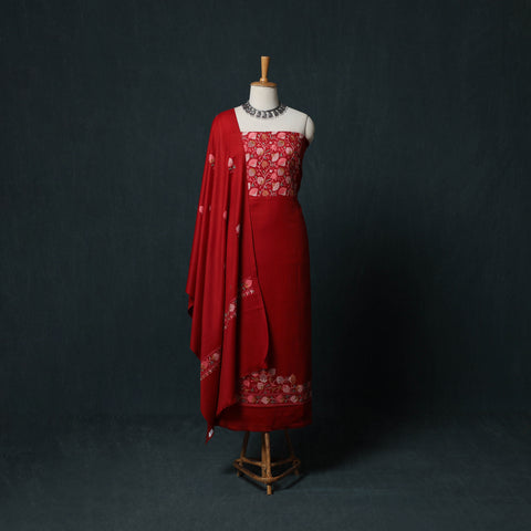 Red - 3pc Embroidered Wool Unstitched Dress Material Suit Set 77