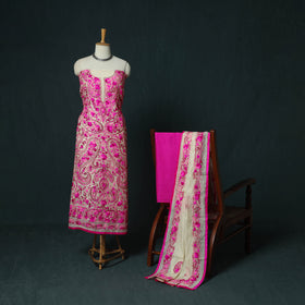 Pink - Hand Embroidered Chanderi Silk 3pc Unstitched Dress Material 35