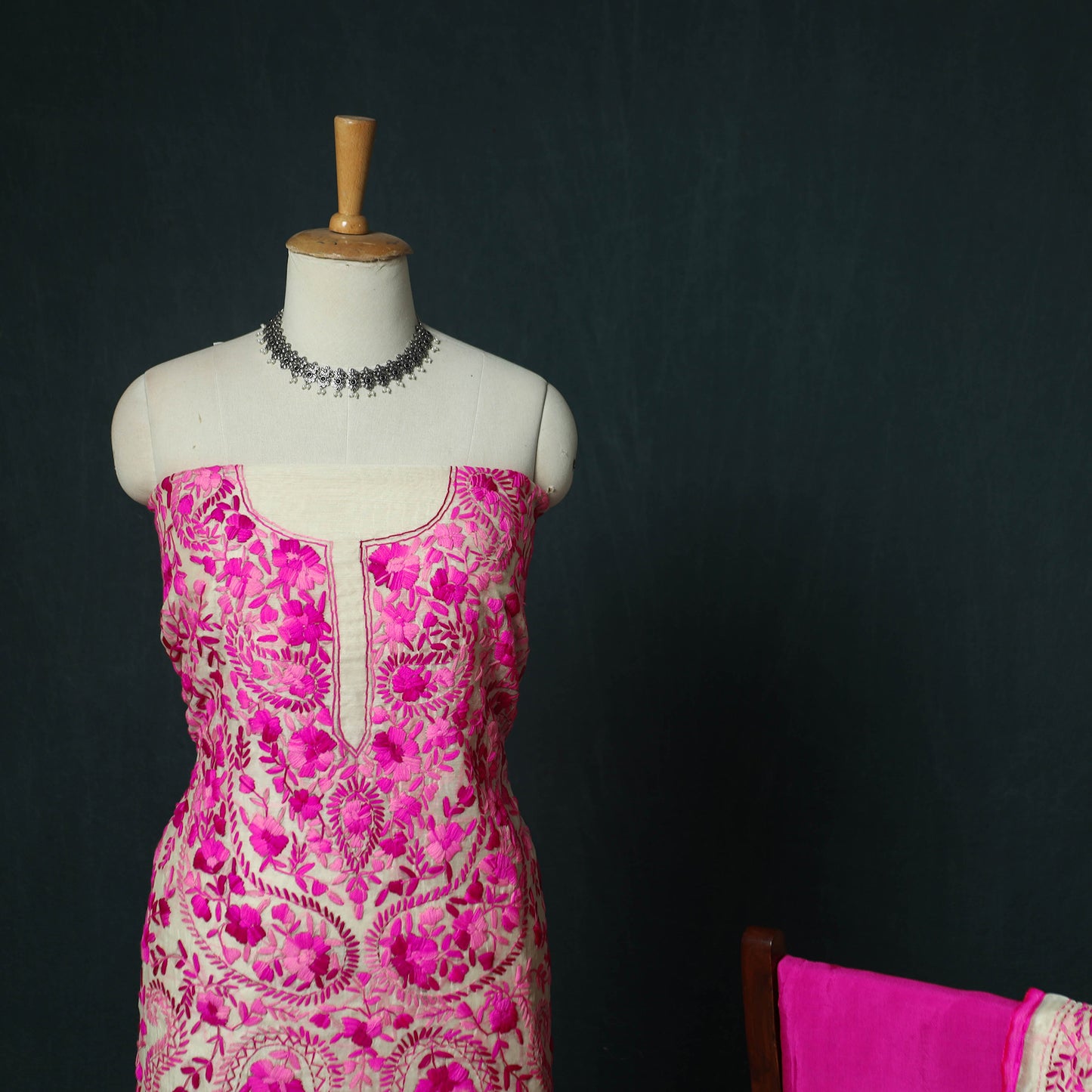 Pink - Hand Embroidered Chanderi Silk 3pc Unstitched Dress Material 35