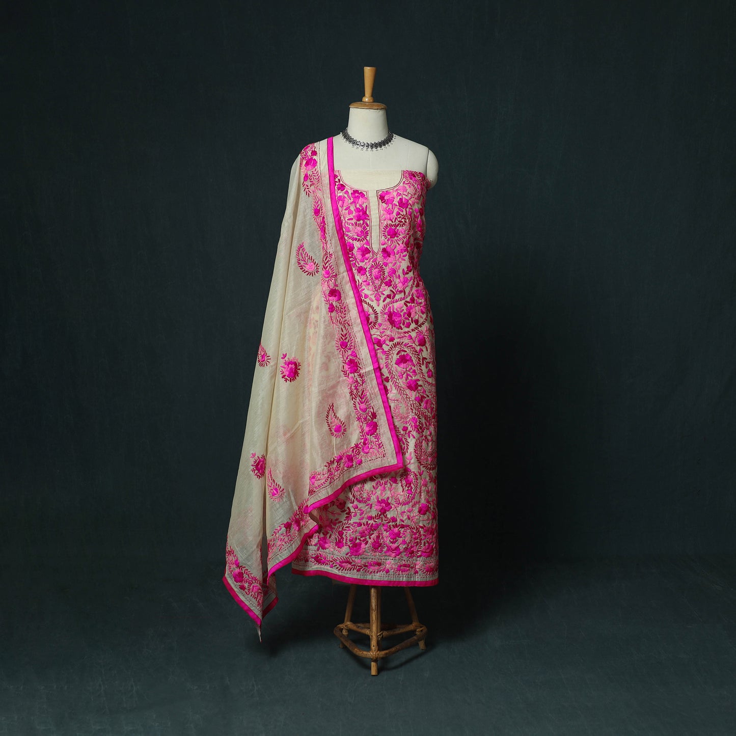Pink - Hand Embroidered Chanderi Silk 3pc Unstitched Dress Material 35