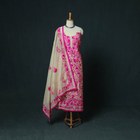 Pink - Hand Embroidered Chanderi Silk 3pc Unstitched Dress Material 35