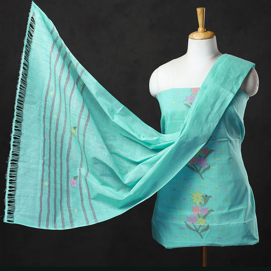 Green - 3pc Handloom Cotton Manipuri Dress Material 09