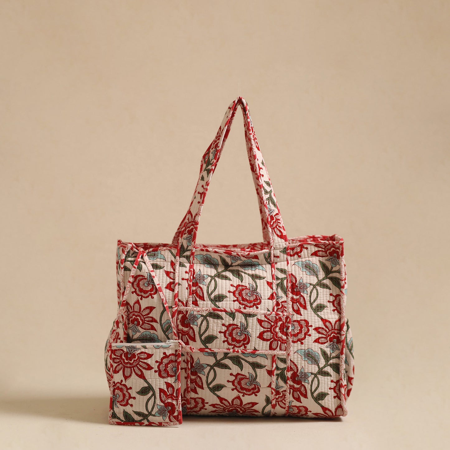 Red - Sanganeri Print Quilted Cotton Tote Bag 12