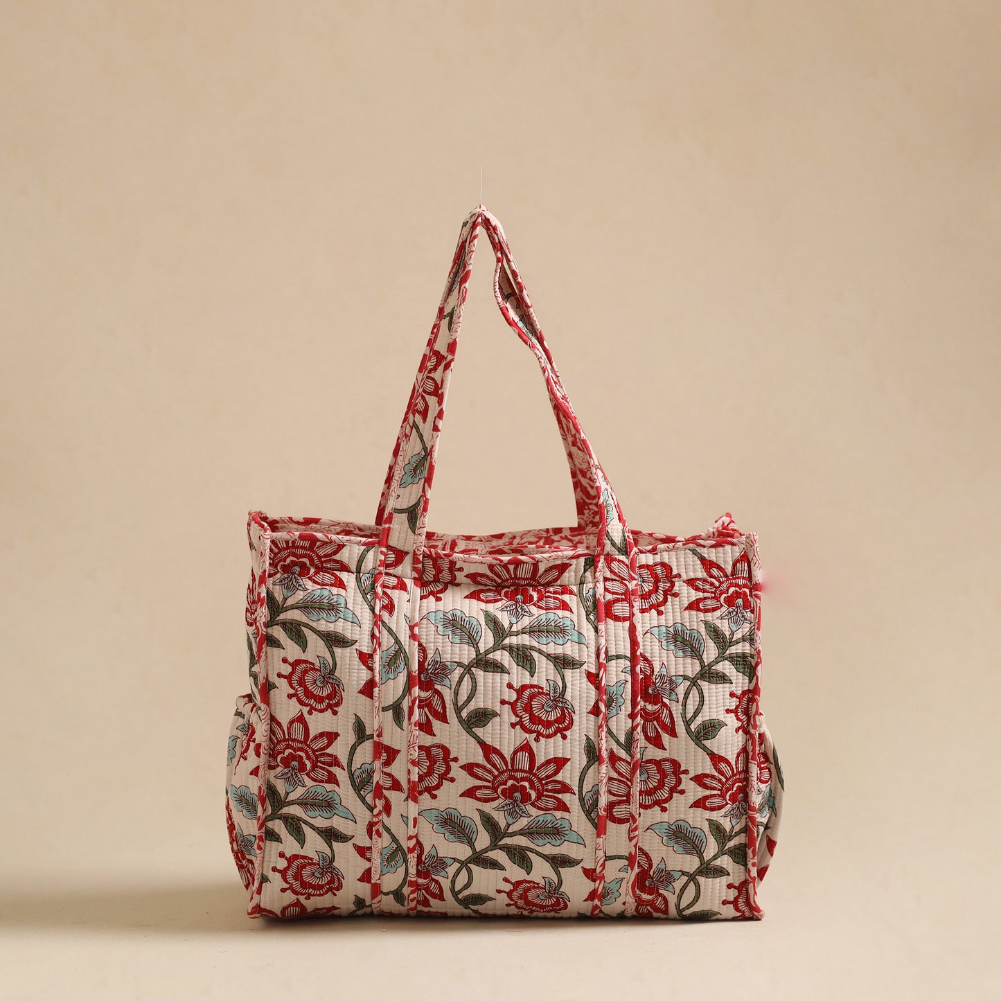 Red - Sanganeri Print Quilted Cotton Tote Bag 12