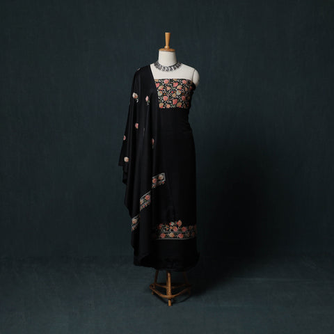 Black - 3pc Embroidered Wool Unstitched Dress Material Suit Set 81
