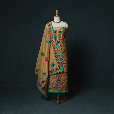 Hand Embroidered Chanderi Silk 3pc Unstitched Dress Material 37